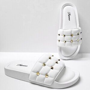 New White Studded Memory Foam Comfy Sole Slip On Slides Sandals